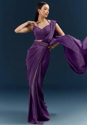 Purple Crepe Handwork Pre Draped Saree Set