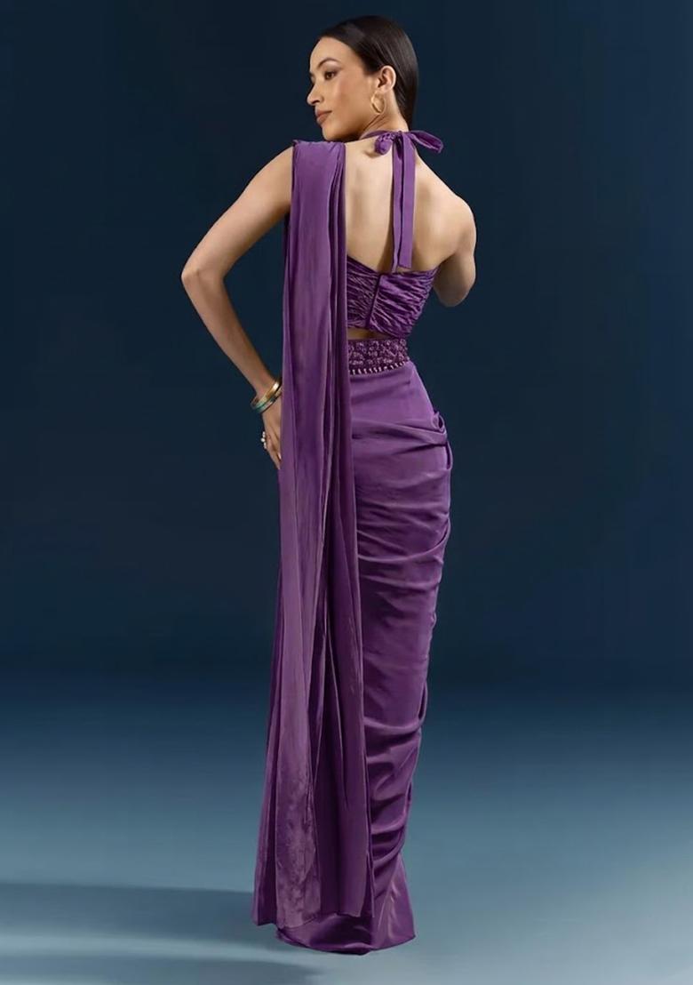 Purple Crepe Handwork Pre Draped Saree Set - Indya