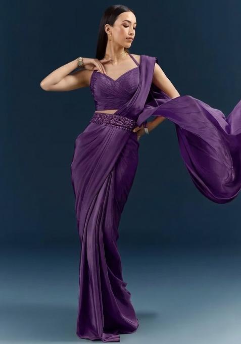 Purple Crepe Handwork Pre Draped Saree Set