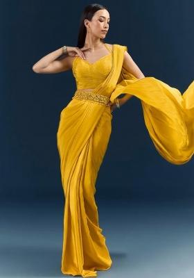 Yellow Crepe Handwork Pre Draped Saree Set