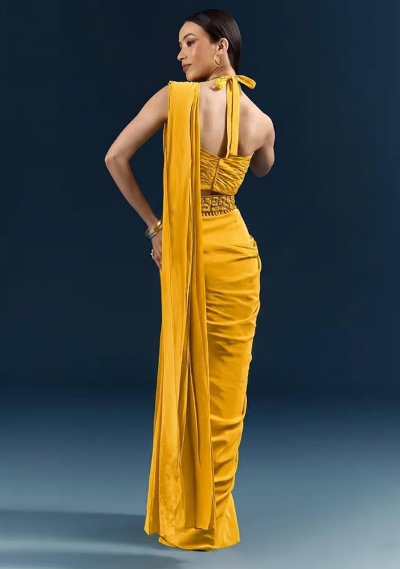 Yellow Crepe Handwork Pre Draped Saree Set - Indya