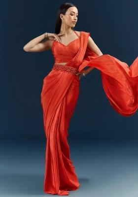 Red Crepe Handwork Pre Draped Saree Set