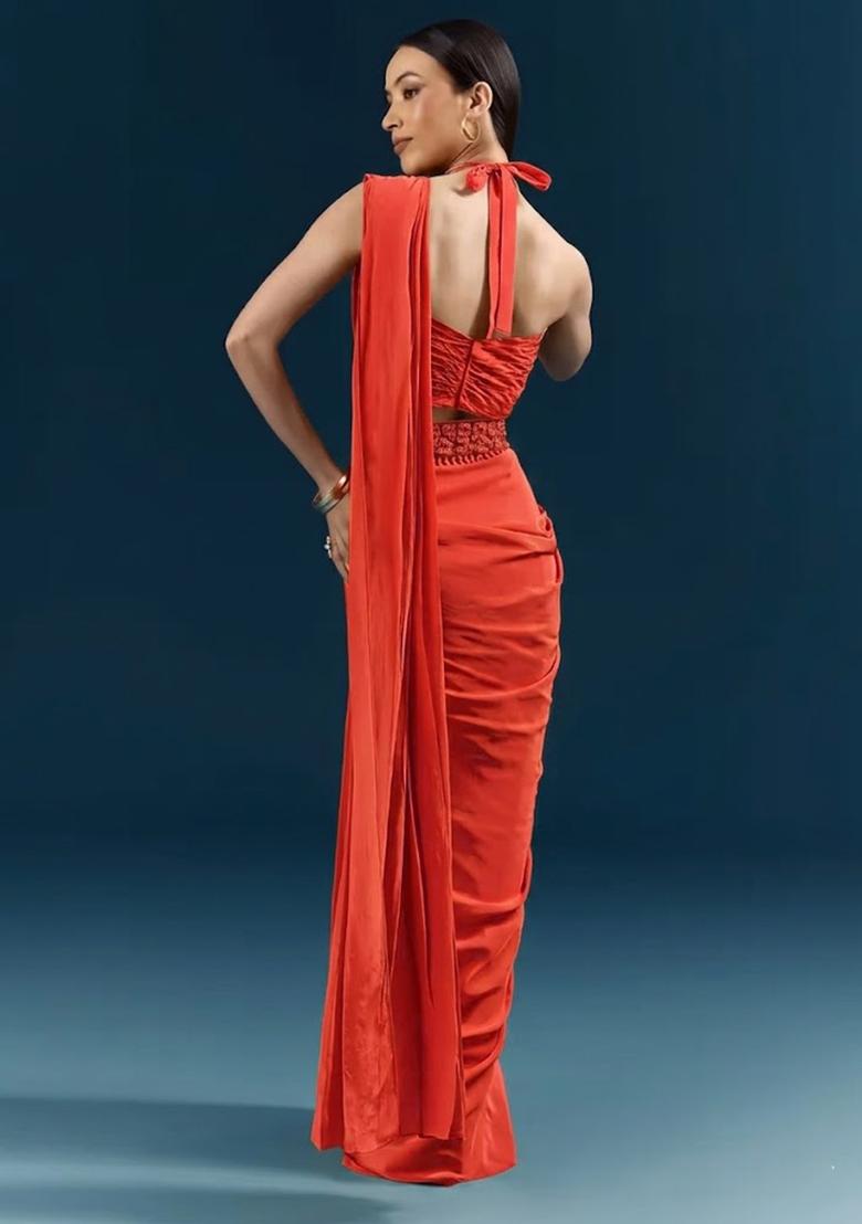 Red Crepe Handwork Pre Draped Saree Set - Indya