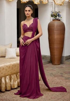 Wine Crepe Handwork Pre Draped Saree Set