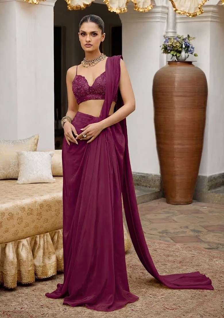 Wine Crepe Handwork Pre Draped Saree Set - Indya