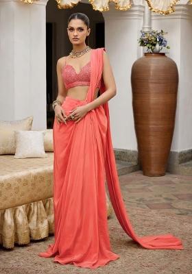 Coral Pink Crepe Handwork Pre Draped Saree Set