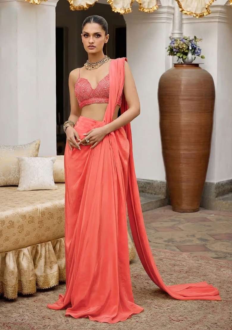 Coral Pink Crepe Handwork Pre Draped Saree Set - Indya