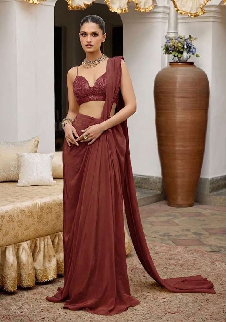 Brown Crepe Handwork Pre Draped Saree Set - Indya