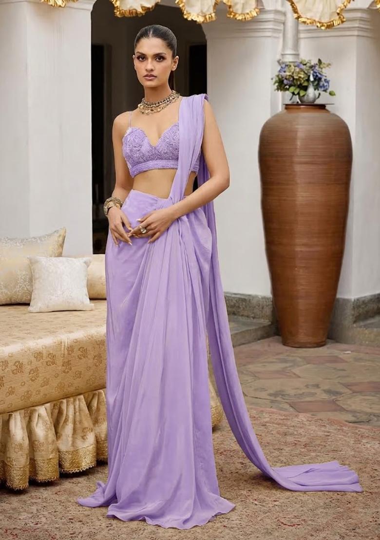 Lavender Crepe Handwork Pre Draped Saree Set - Indya