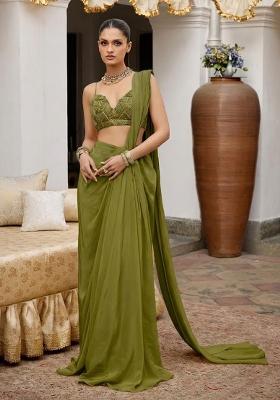 Olive Green Crepe Handwork Pre Draped Saree Set