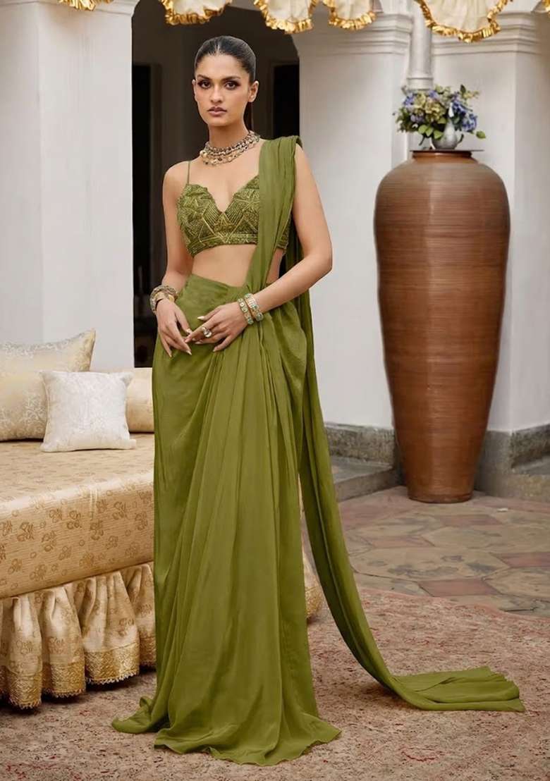 Olive Green Crepe Handwork Pre Draped Saree Set - Indya