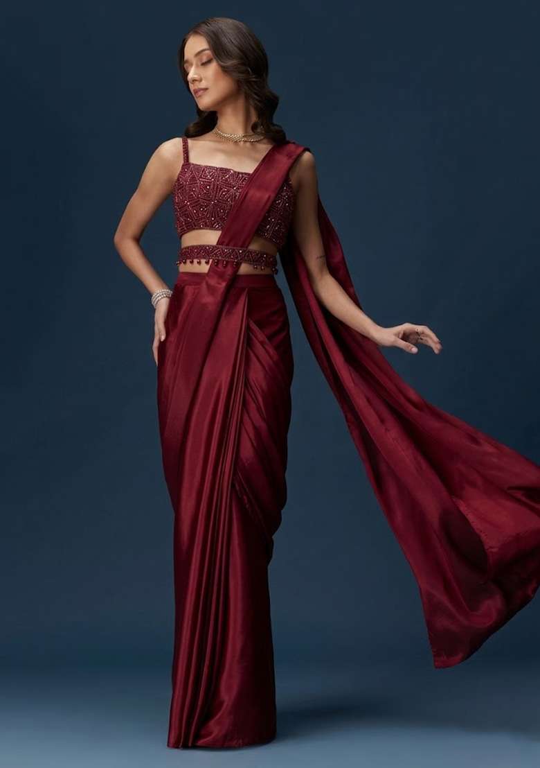 Burgundy Crepe Handwork Pre Draped Saree Set - Indya