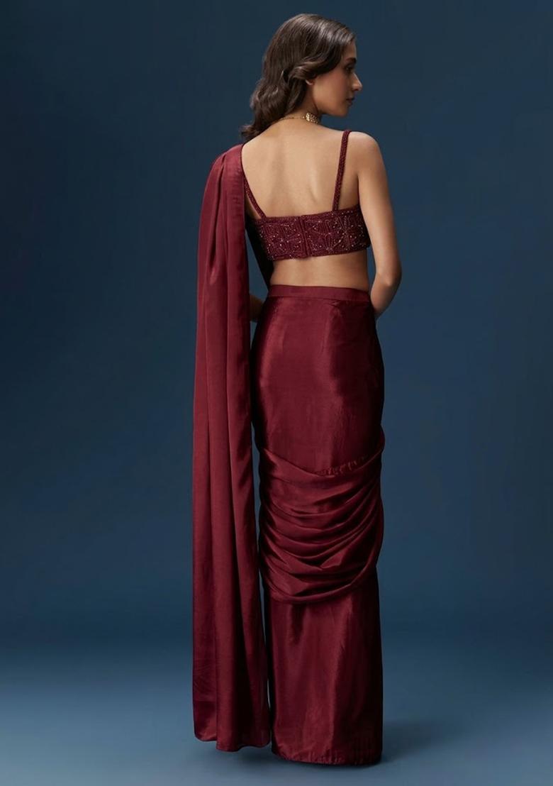 Burgundy Crepe Handwork Pre Draped Saree Set - Indya