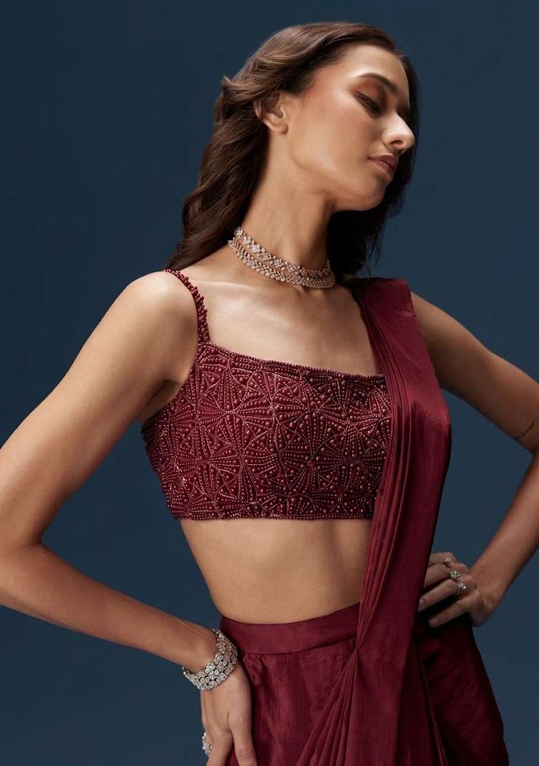 Burgundy Crepe Handwork Pre Draped Saree Set - Indya