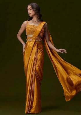 Gold Crepe Handwork Pre Draped Saree Set