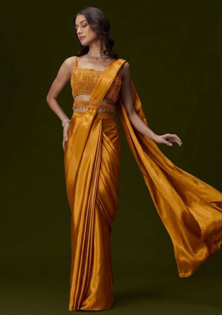 Gold Crepe Handwork Pre Draped Saree Set - Indya