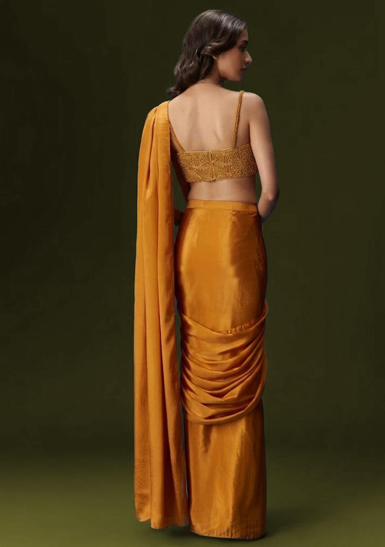 Gold Crepe Handwork Pre Draped Saree Set - Indya