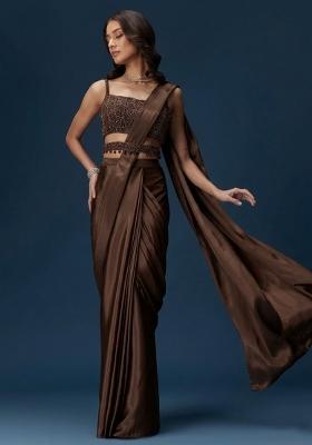 Chocolate Brown Crepe Handwork Pre Draped Saree Set