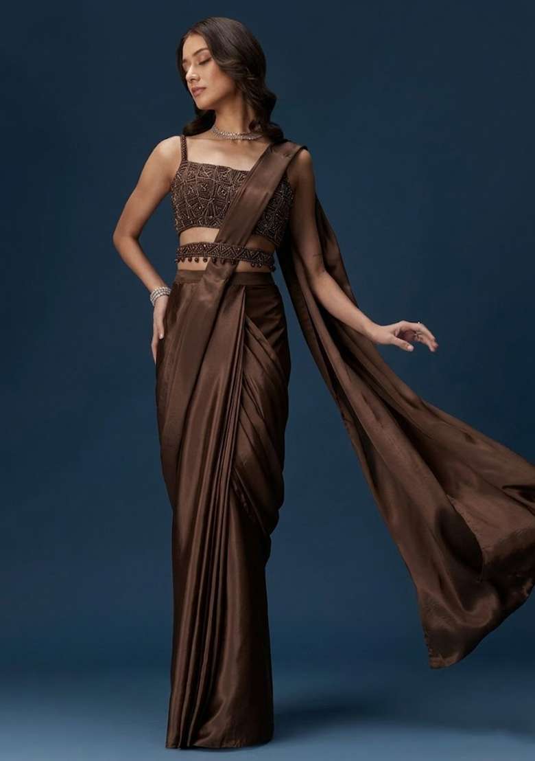 Chocolate Brown Crepe Handwork Pre Draped Saree Set - Indya