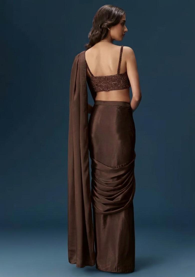 Chocolate Brown Crepe Handwork Pre Draped Saree Set - Indya