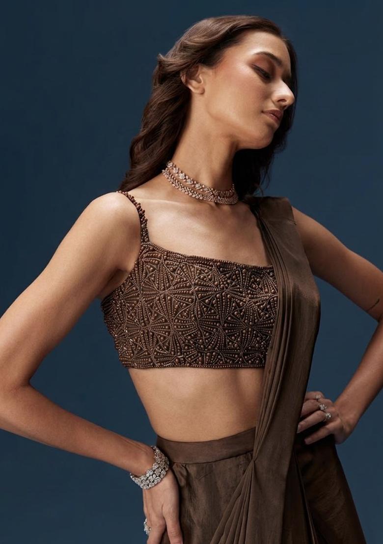 Chocolate Brown Crepe Handwork Pre Draped Saree Set - Indya