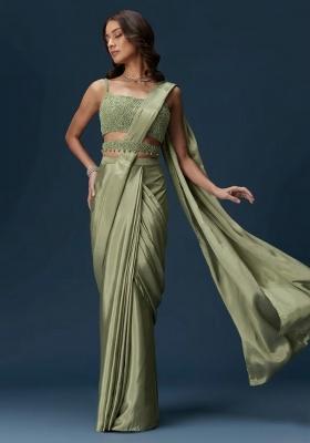 Pista Green Crepe Handwork Pre Draped Saree Set