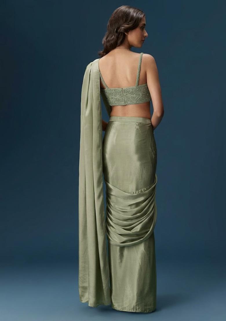 Pista Green Crepe Handwork Pre Draped Saree Set - Indya