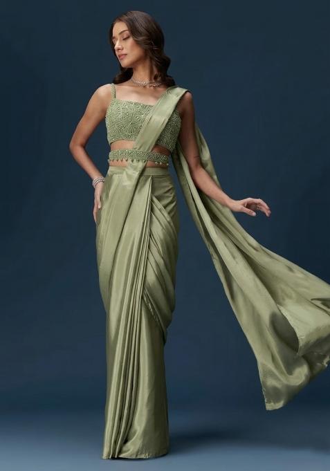 Pista Green Crepe Handwork Pre Draped Saree Set