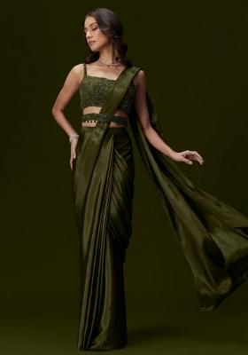 Olive Green Crepe Handwork Pre Draped Saree Set