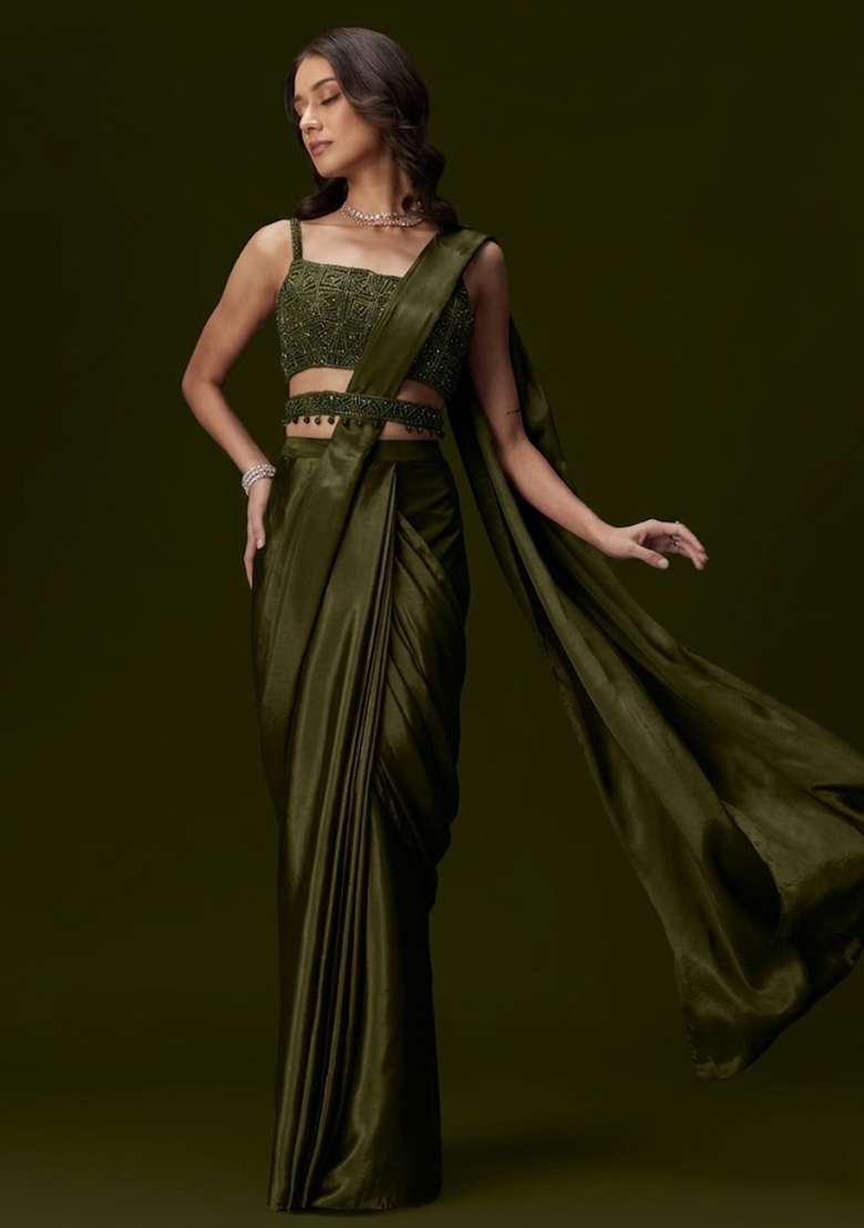 Olive Green Crepe Handwork Pre Draped Saree Set - Indya