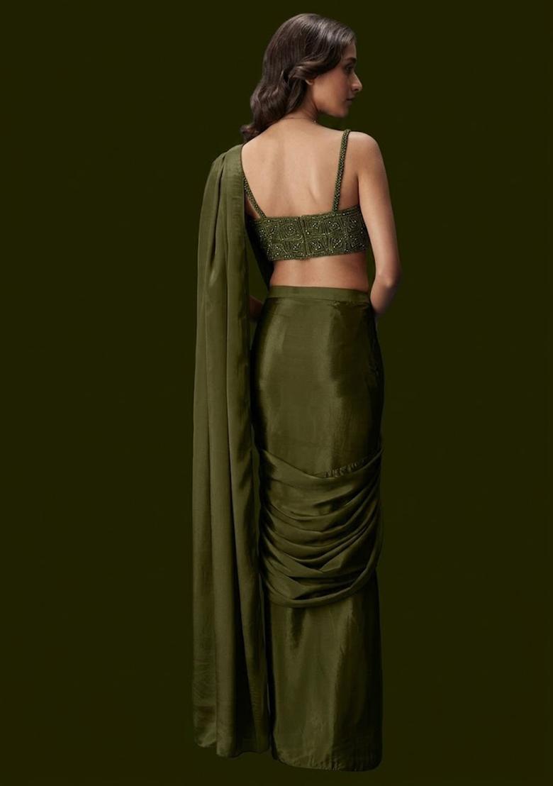 Olive Green Crepe Handwork Pre Draped Saree Set - Indya