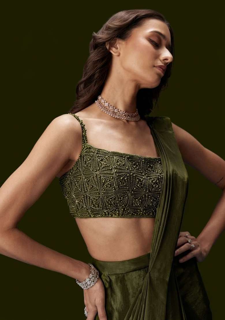 Olive Green Crepe Handwork Pre Draped Saree Set - Indya