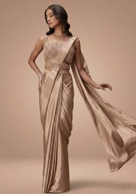 Beige Crepe Handwork Pre Draped Saree Set