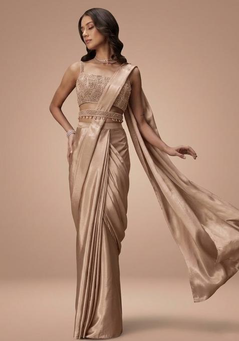 Beige Crepe Handwork Pre Draped Saree Set