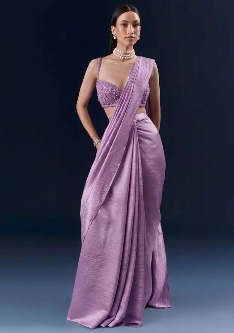 Lavender Chinon Handwork Pre Draped Saree Set - Indya
