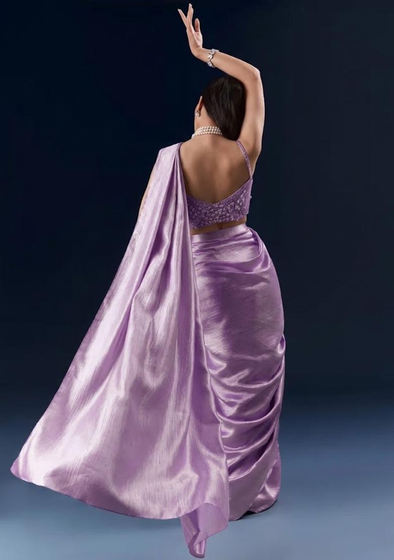 Lavender Chinon Handwork Pre Draped Saree Set - Indya