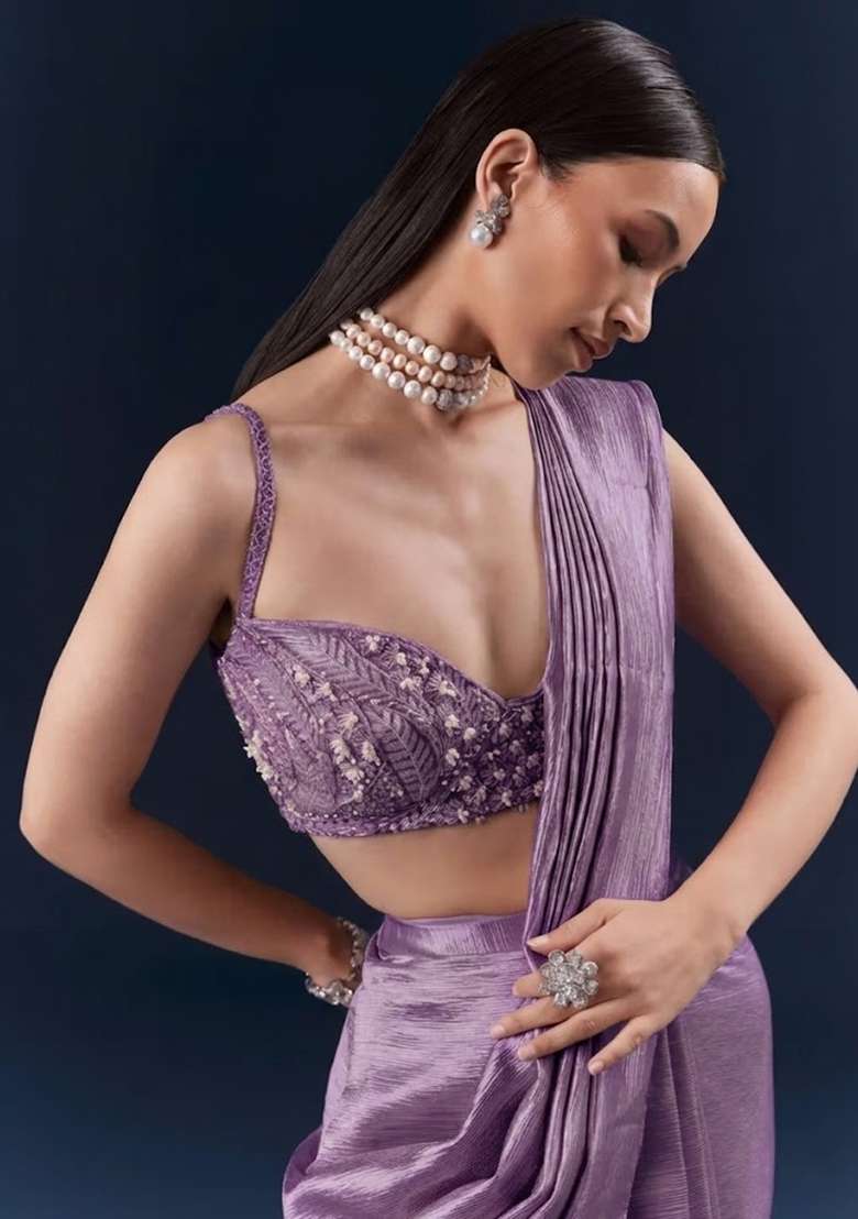 Lavender Chinon Handwork Pre Draped Saree Set - Indya