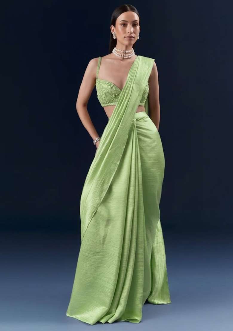 Mint Green Chinon Handwork Pre Draped Saree Set - Indya