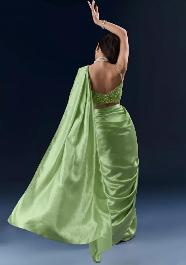 Mint Green Chinon Handwork Pre Draped Saree Set - Indya