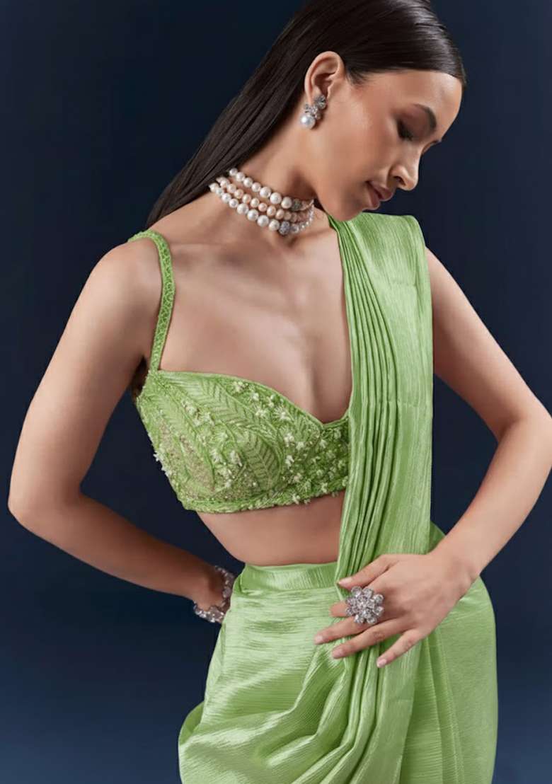 Mint Green Chinon Handwork Pre Draped Saree Set - Indya