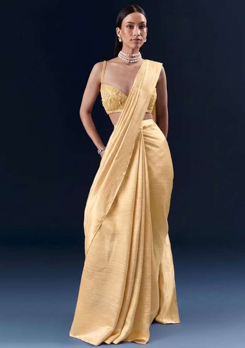 Champagne Gold Chinon Handwork Pre Draped Saree Set - Indya