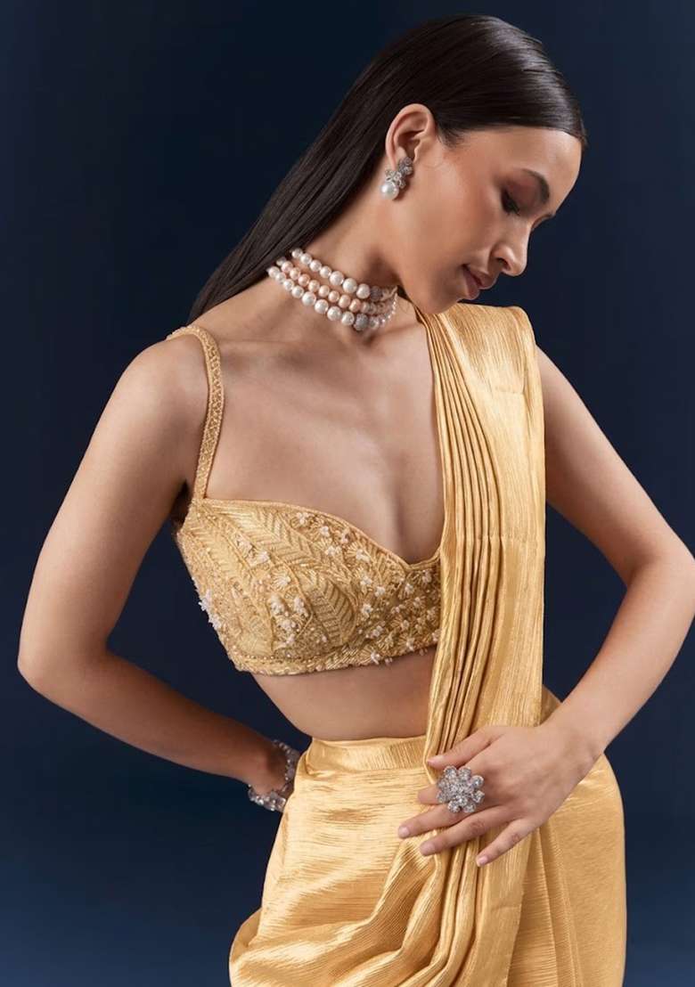 Champagne Gold Chinon Handwork Pre Draped Saree Set - Indya