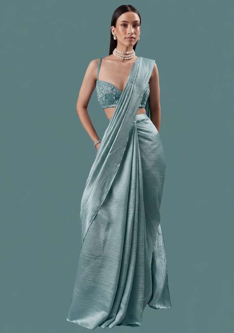 Powder Blue Chinon Handwork Pre Draped Saree Set - Indya