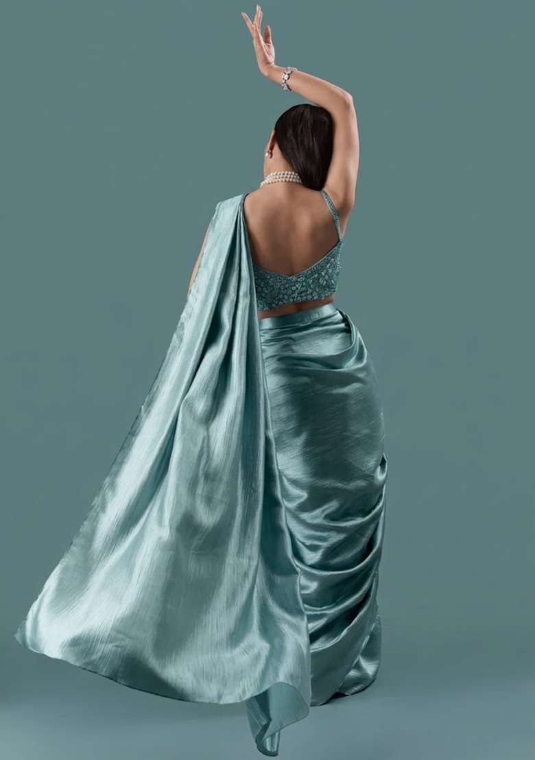 Powder Blue Chinon Handwork Pre Draped Saree Set - Indya