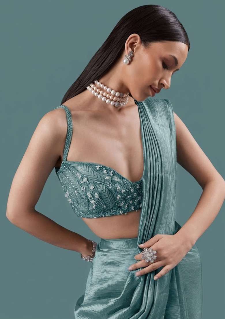 Powder Blue Chinon Handwork Pre Draped Saree Set - Indya