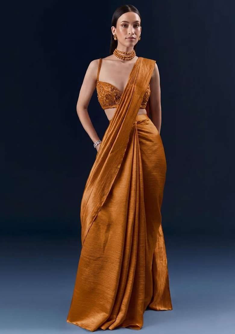 Rust Chinon Handwork Pre Draped Saree Set - Indya