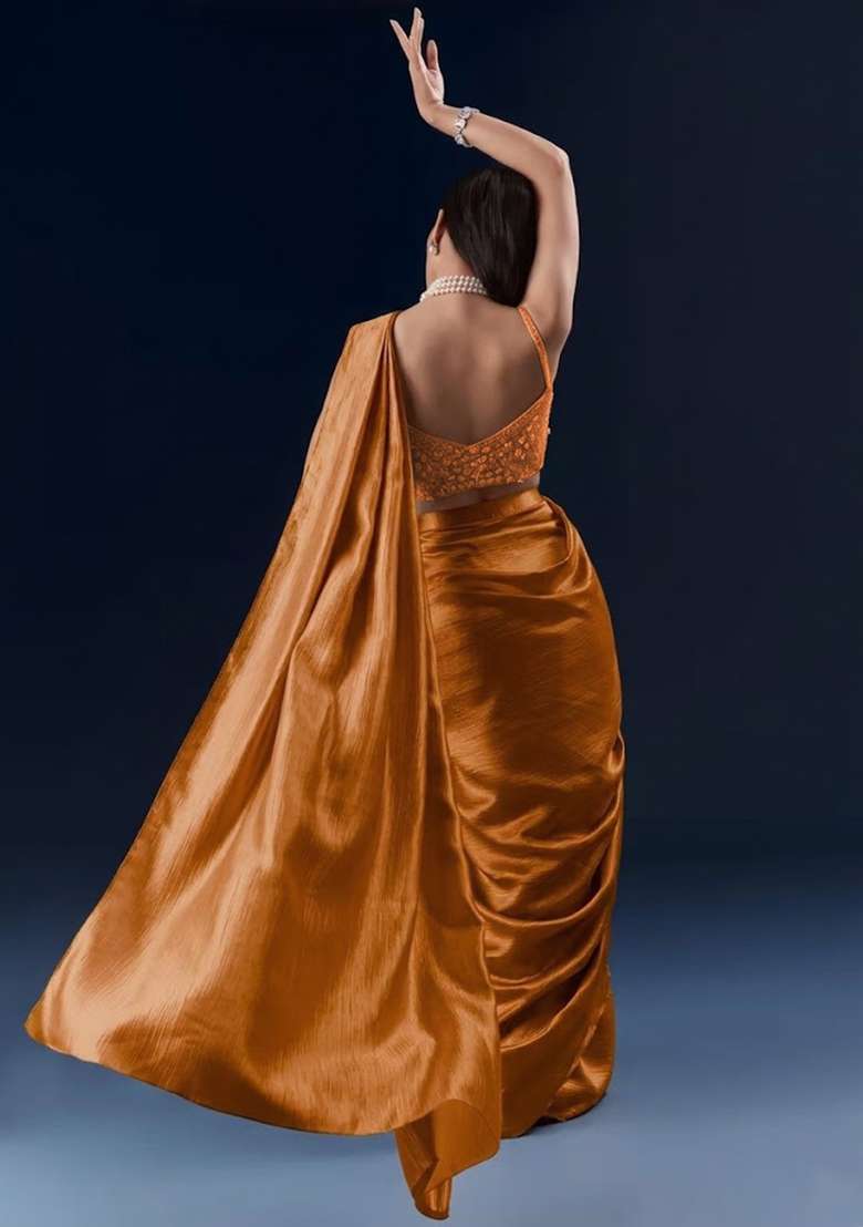 Rust Chinon Handwork Pre Draped Saree Set - Indya