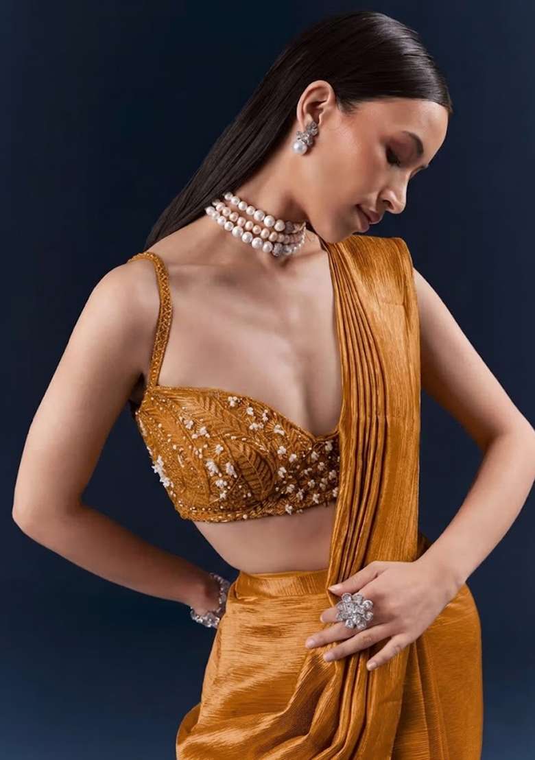 Rust Chinon Handwork Pre Draped Saree Set - Indya