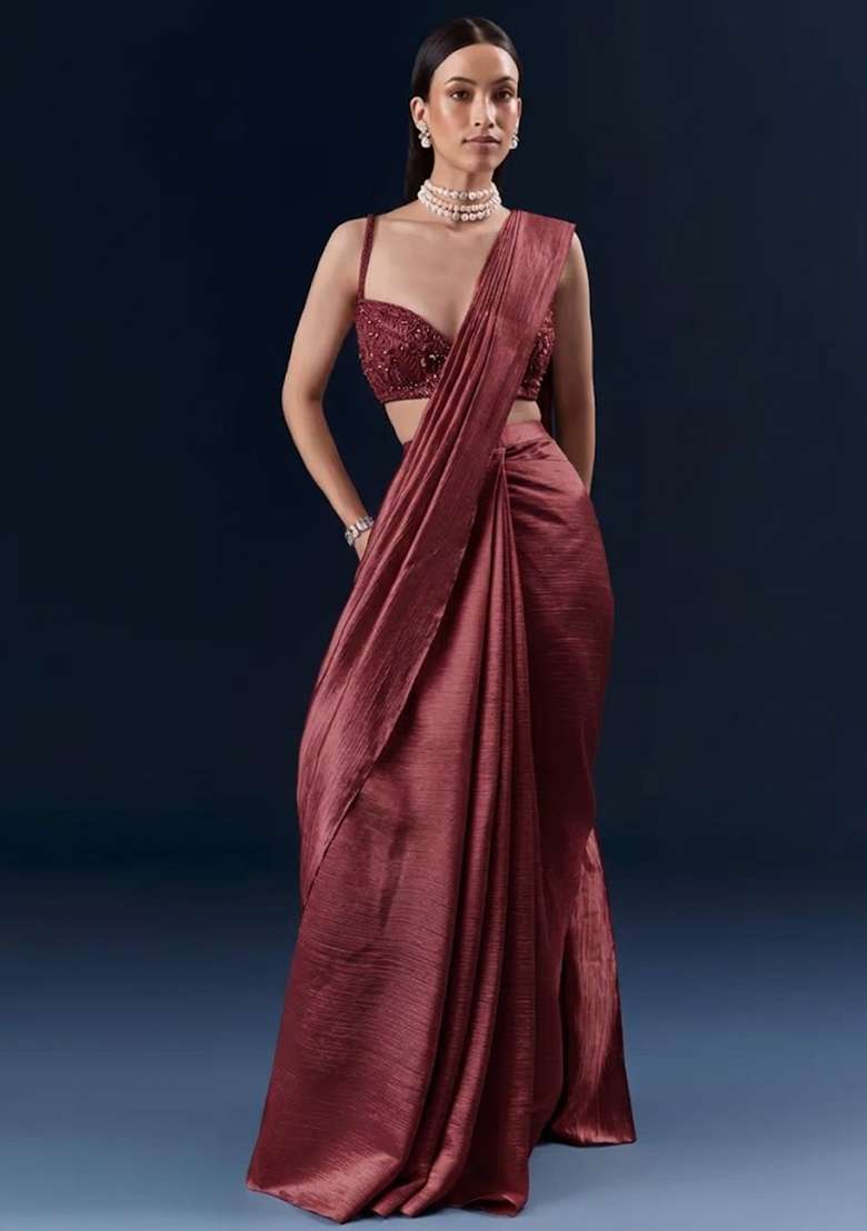 Deep Wine Chinon Handwork Pre Draped Saree Set - Indya
