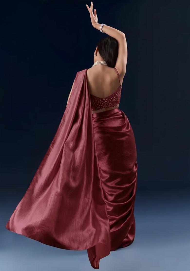 Deep Wine Chinon Handwork Pre Draped Saree Set - Indya